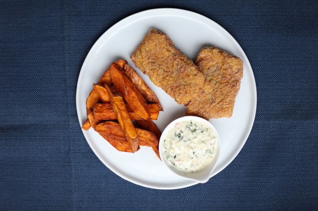 Fish and “Chips” Roasted Sweet Potato Fries with Hot Tatar Sauce