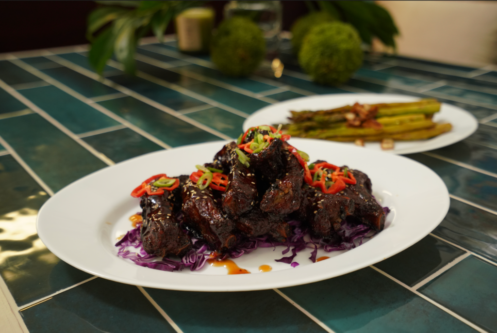 Sticky Spareribs with Asparagus recipe, Living By Design 333