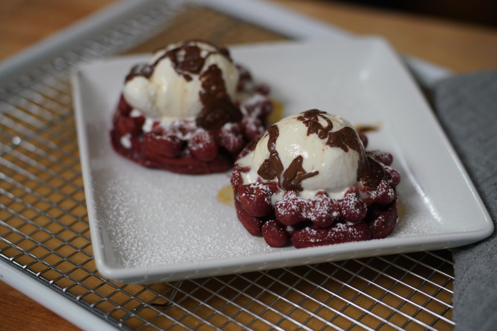 Red Velvet Waffles with Ice Cream