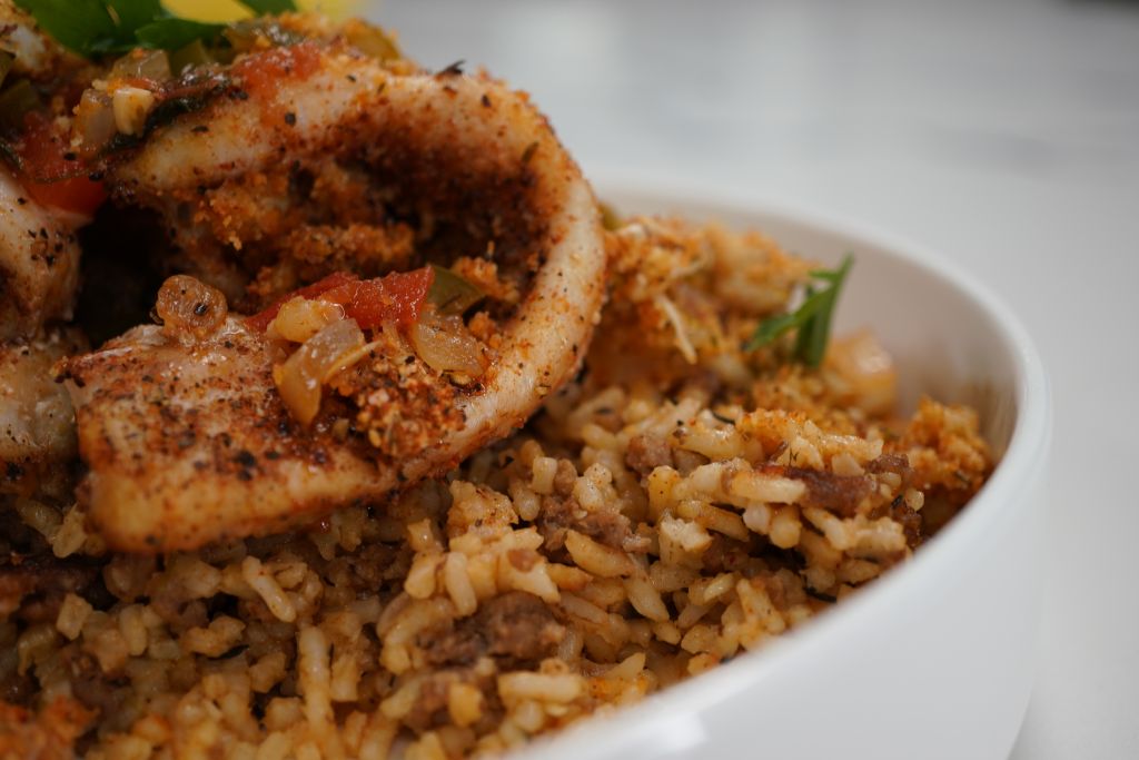 Crab Stuffed Tilapia with Creole Sauce & Dirty Rice