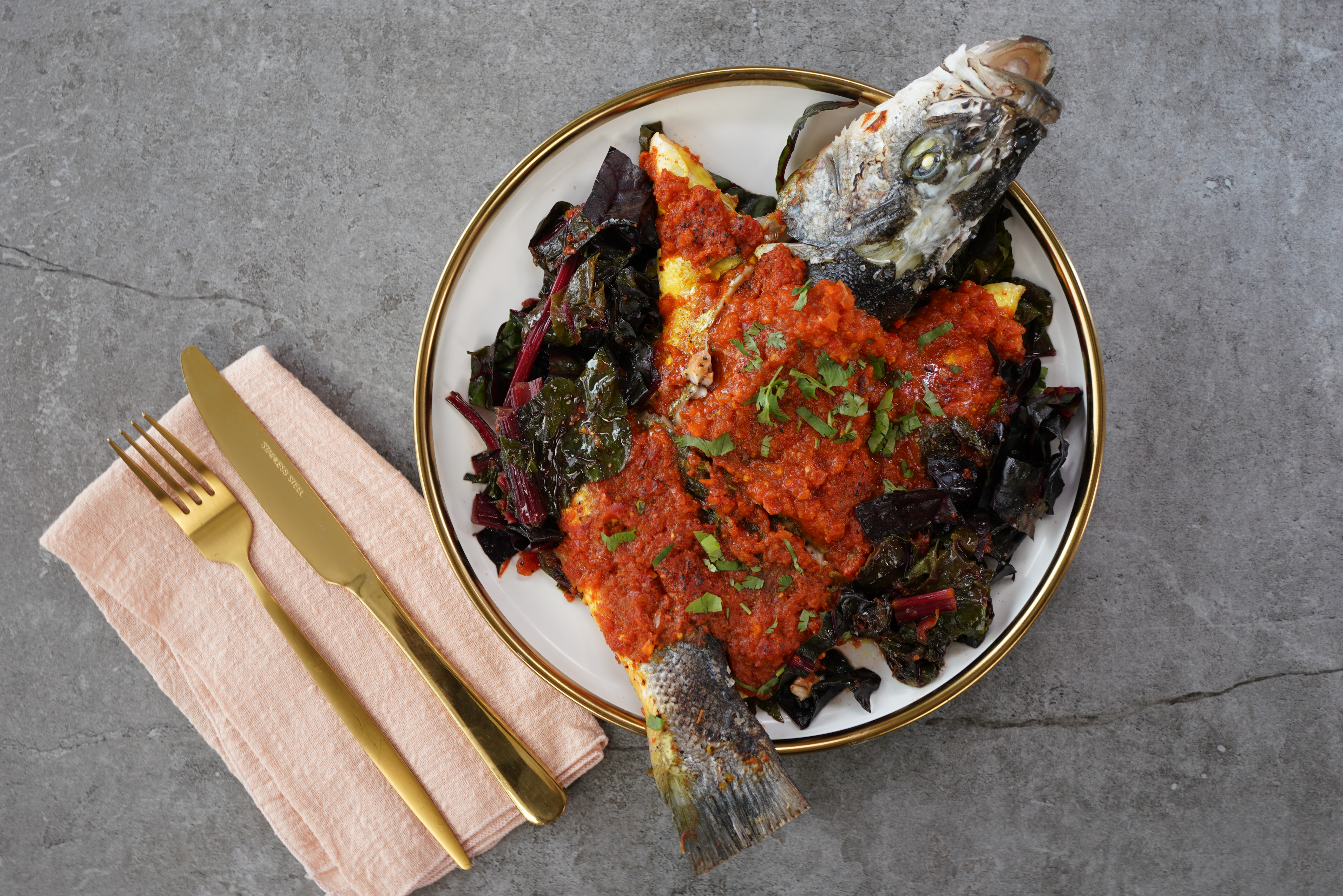 Sheet Pan Branzino and Char with West African Pepper Sauce